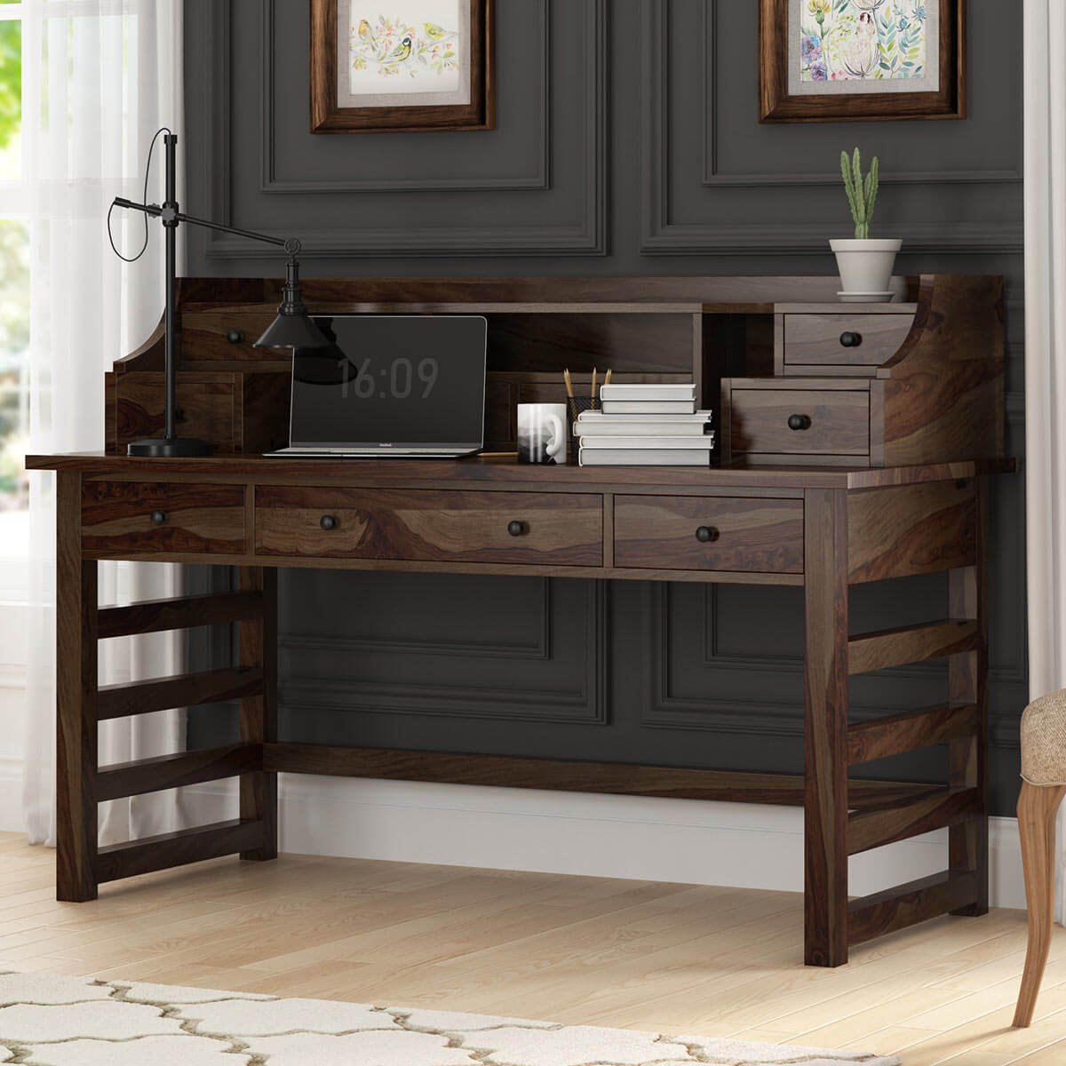 Everglades Rustic Solid Executive Writing Desk with Small Hutch