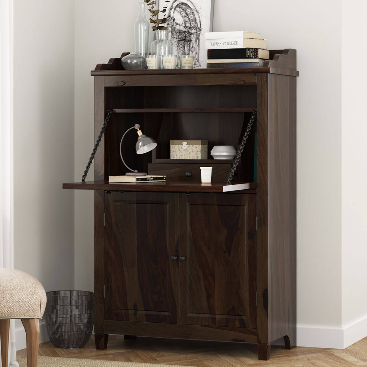 Elnora Rustic Solid Wood Drop Front Home Office Secretary Desk