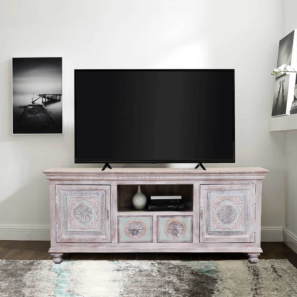 Titonka Rococo Inspired Reclaimed Wood 2 Drawer TV Media Stand Cabinet