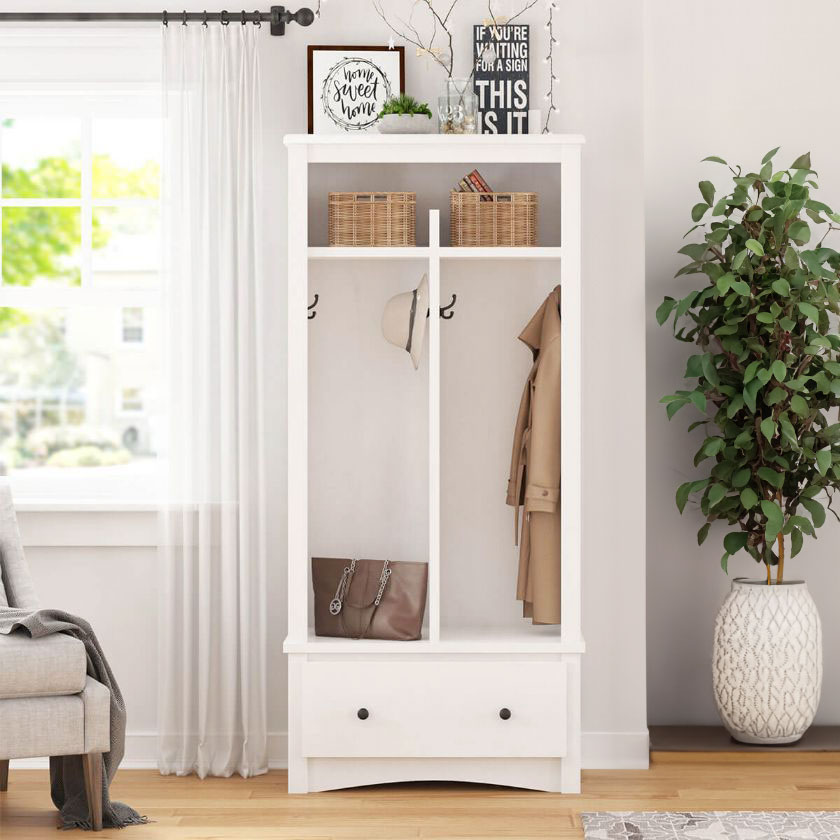 Louviers Solid Mahogany Wood White Entryway Hall Tree with Coat Rack