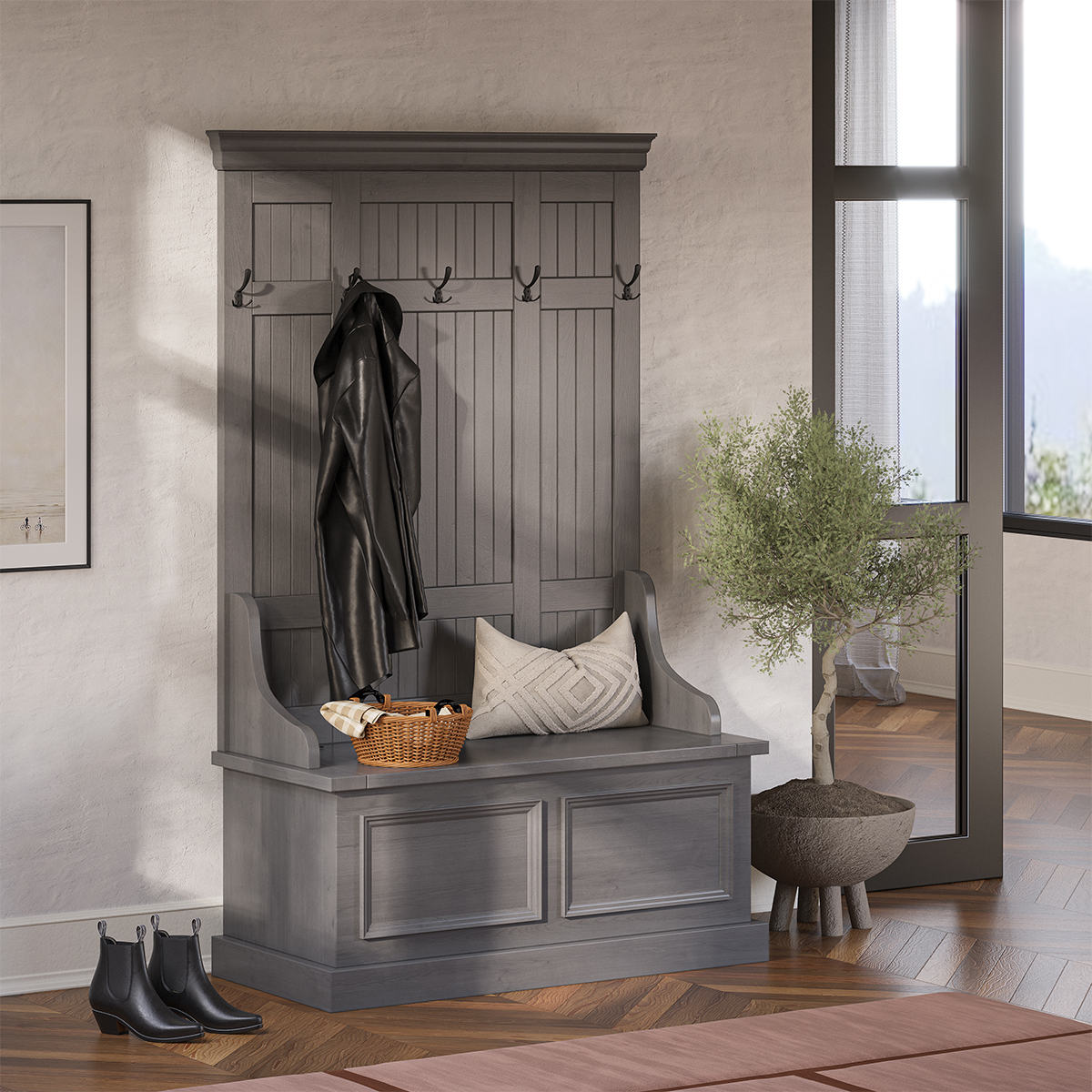 Redvale Mahogany Wood 40 inch Entryway Hall Tree with Storage Bench