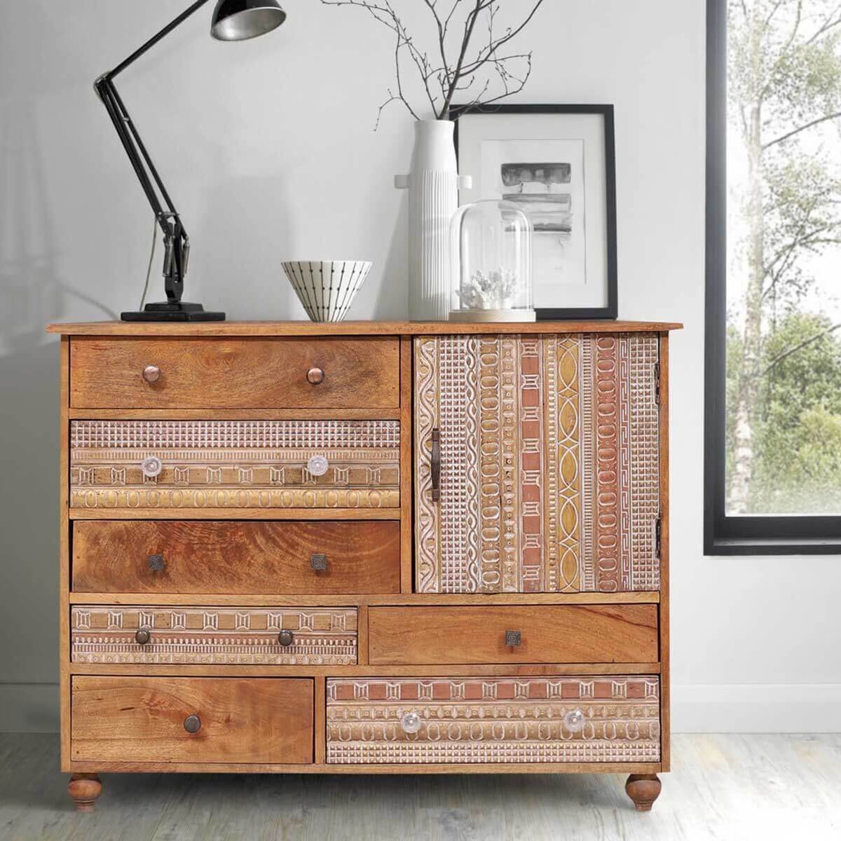 Hamlin Artistic Asymmetrical Reclaimed Wood 7 Drawer Rustic Dresser