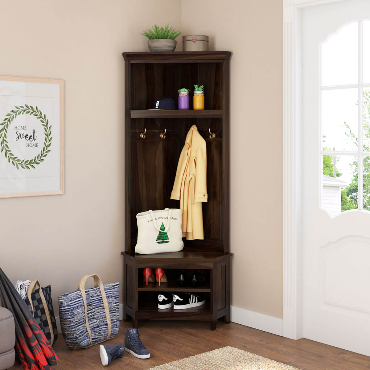 Savona Rustic Solid Wood Entryway Corner Hall Tree with Shoe Storage & Coat Rack