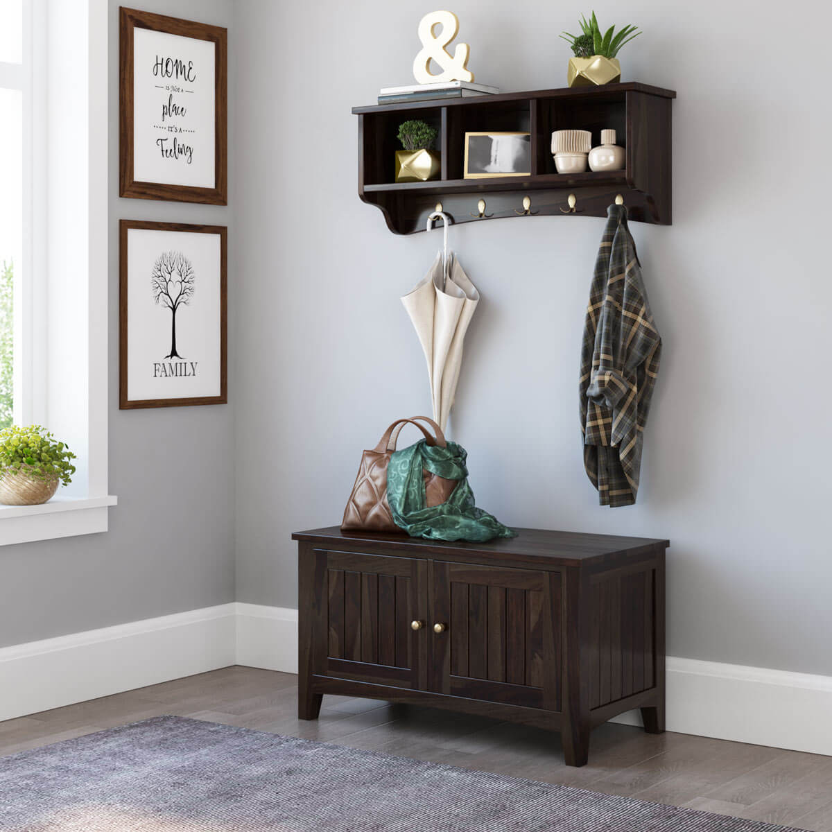 Smithsburg 36 inch Solid Wood Wall Hanging Entryway Hall Tree with Storage Bench