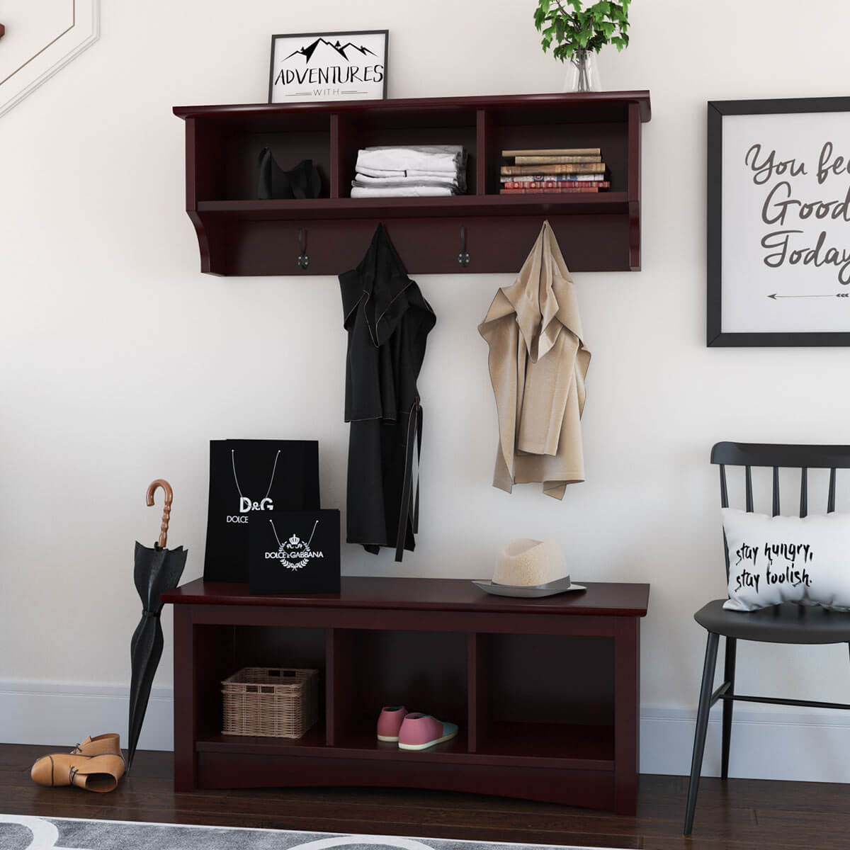 Westhope 48 inch Solid Wood Entryway Hall Tree with Coat Rack & Bench