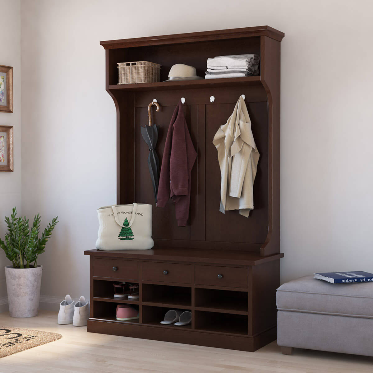 Perrysville 45 inch Solid Wood Entryway Hall Tree with Shoe Storage and Coat Hooks