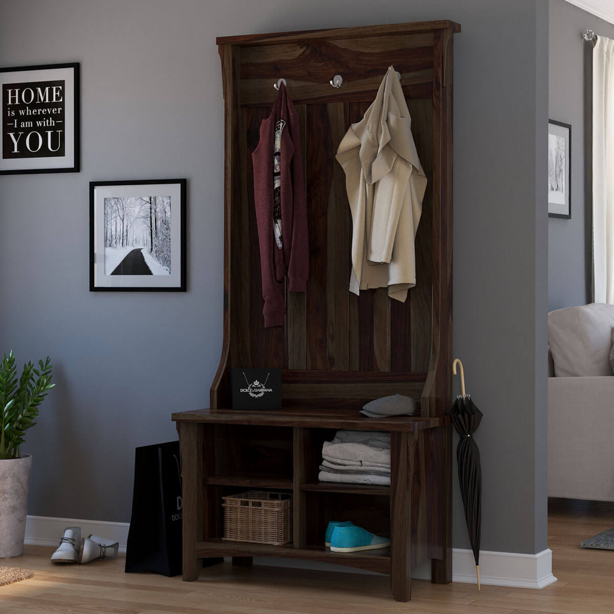 Milville 32 inch Rustic Solid Wood Entryway Hall Tree with Bench & Shoe Storage