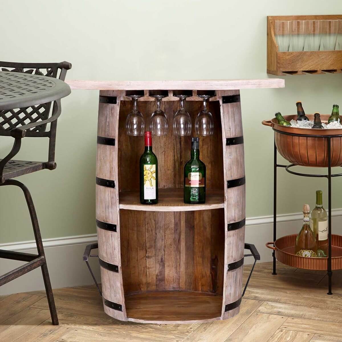 Boligee Reclaimed Wood Whiskey Barrel Bar Table