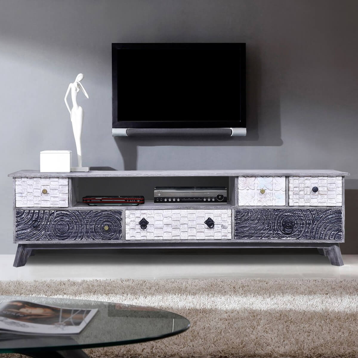 Arona Rustic Reclaimed Wood 6 Drawer Media Console Cabinet