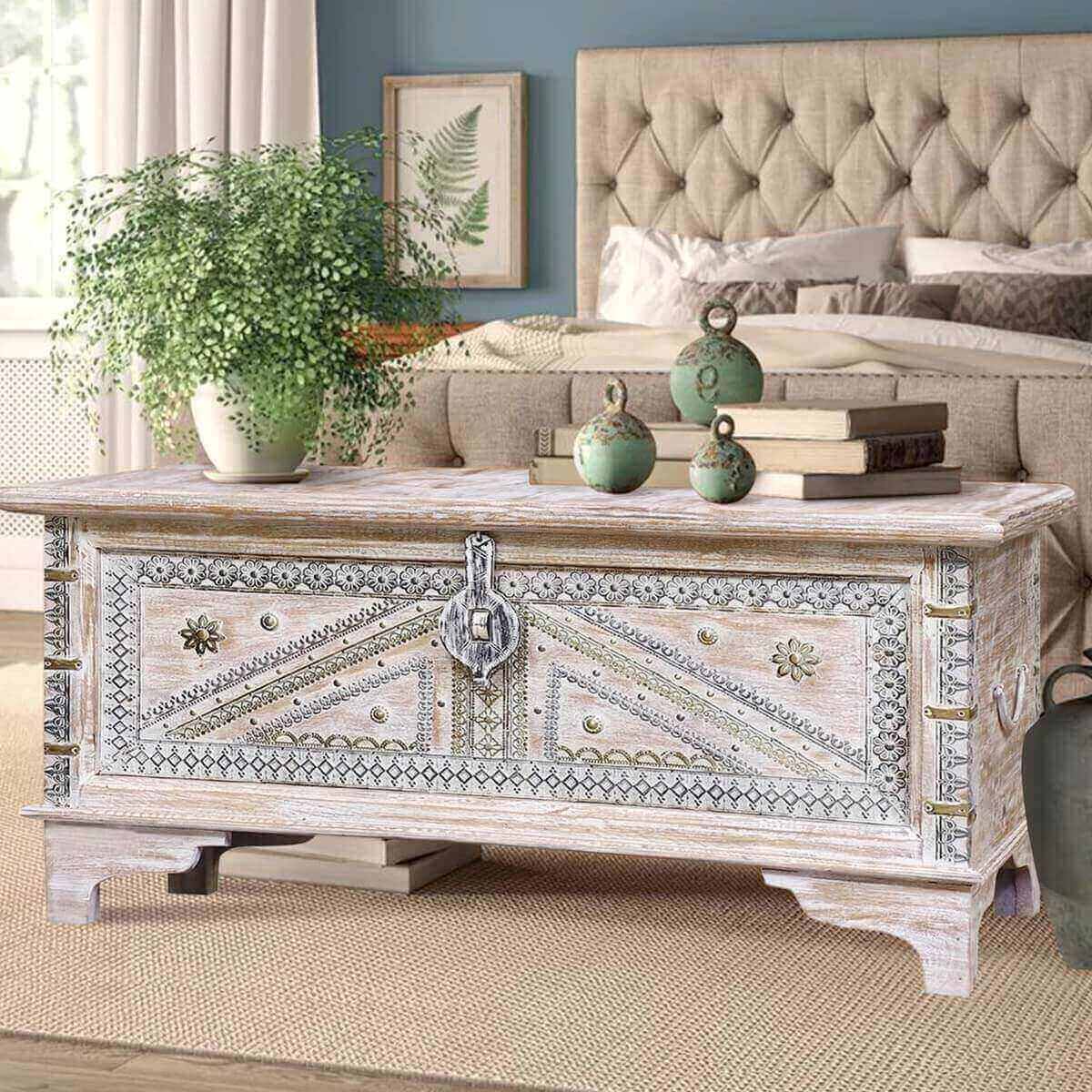 Varna White Wash Distressed Reclaimed Wood Brass Accent Storage Trunk