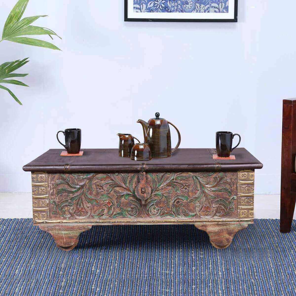 Talence Reclaimed Wood Hand Carved Antique Coffee Table Trunk