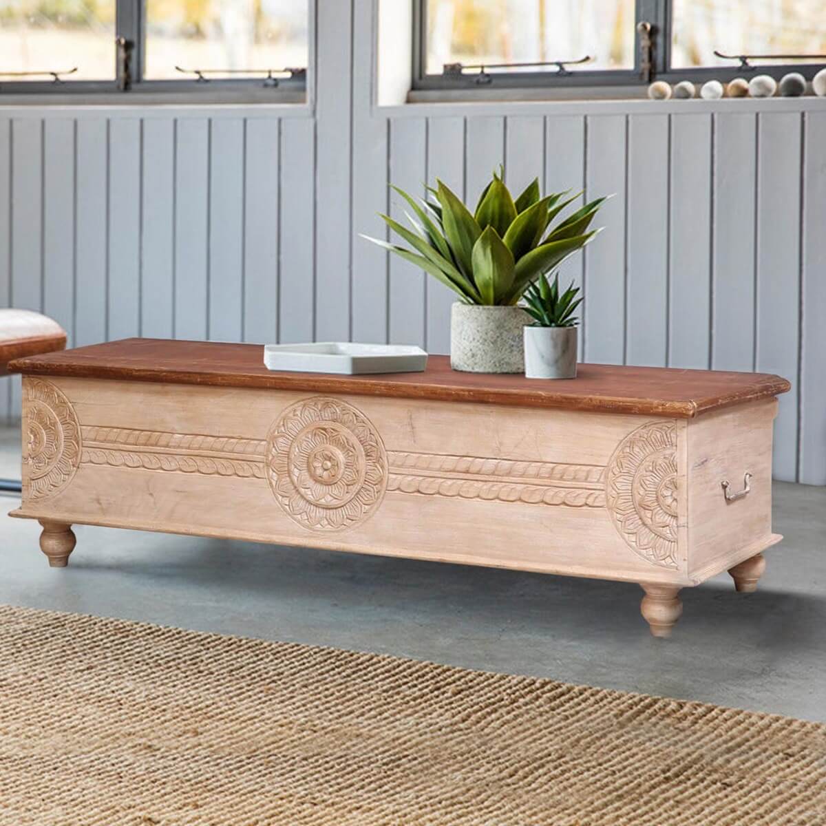 Osmond Rustic Reclaimed Wood Floral Hand Carved Storage Trunk Chest