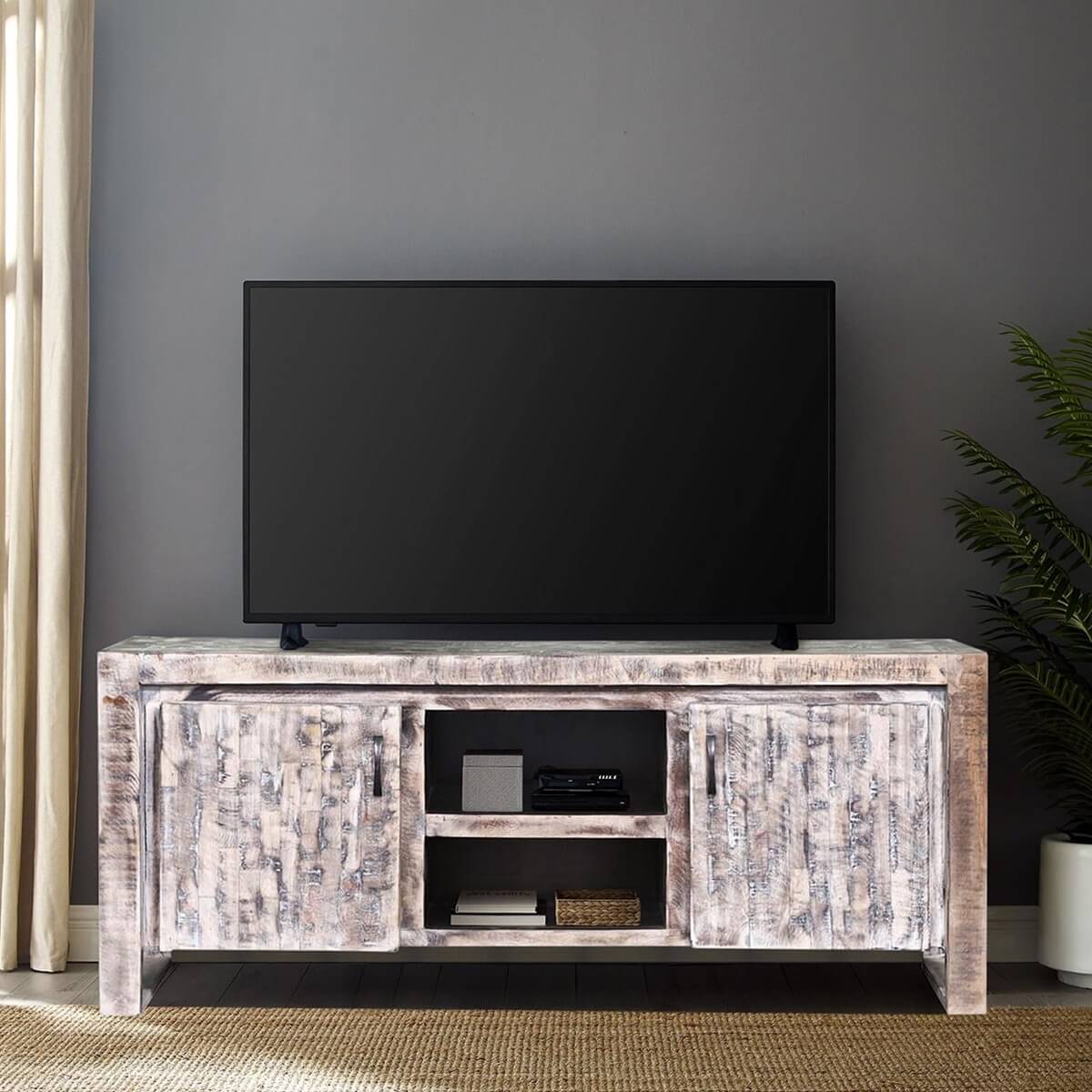Wheaton White Wash Reclaimed Wood Media Console Cabinet