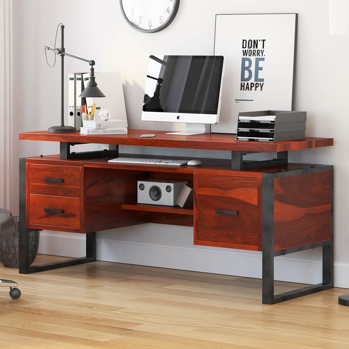 Hondah Solid Wood 64 Inch Modern Industrial Home Office Desk
