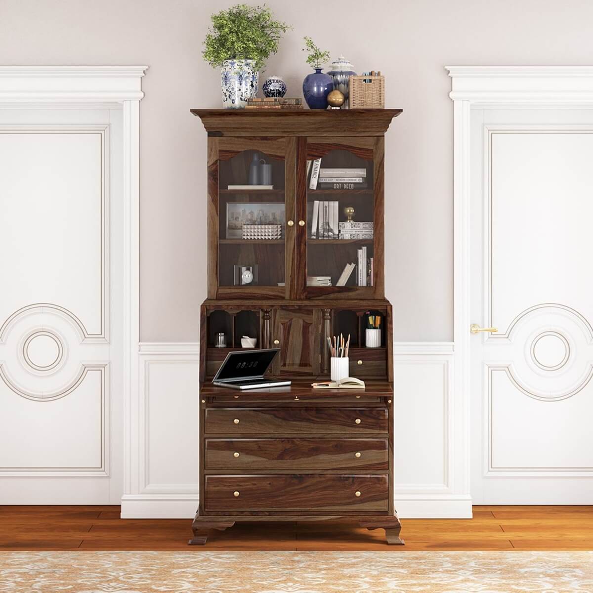 Jasper Tall Drop Front Solid Wood Home Office Secretary Desk With Hutch
