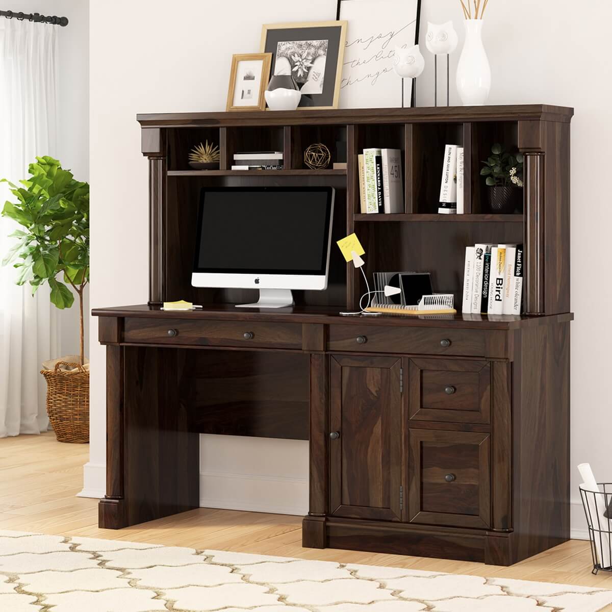 Perrinton Rustic Solid Wood Home Office Computer Desk With Hutch