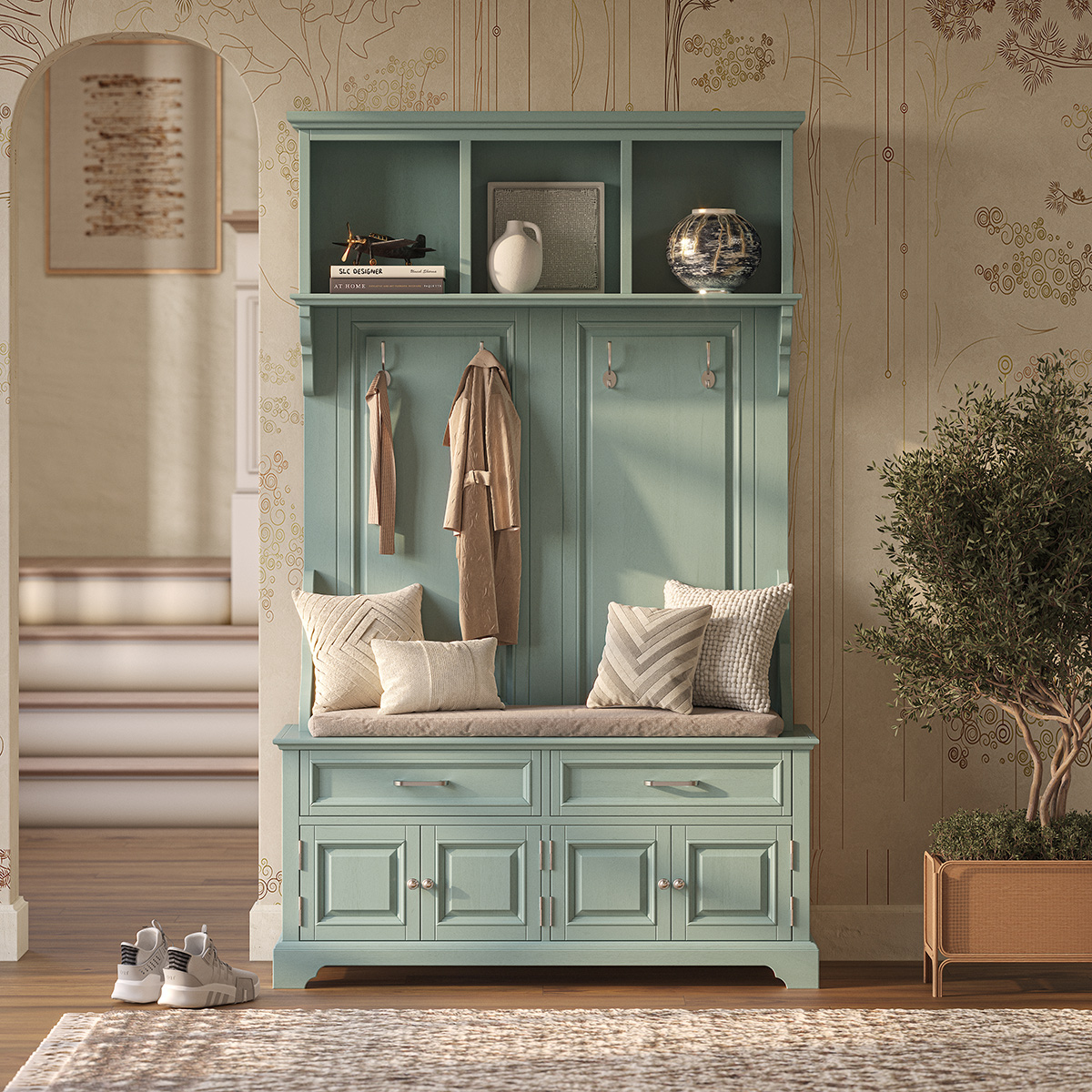 Sabran 47 inch Solid Wood Turquoise Blue Entryway Hall Tree with Bench and Storage