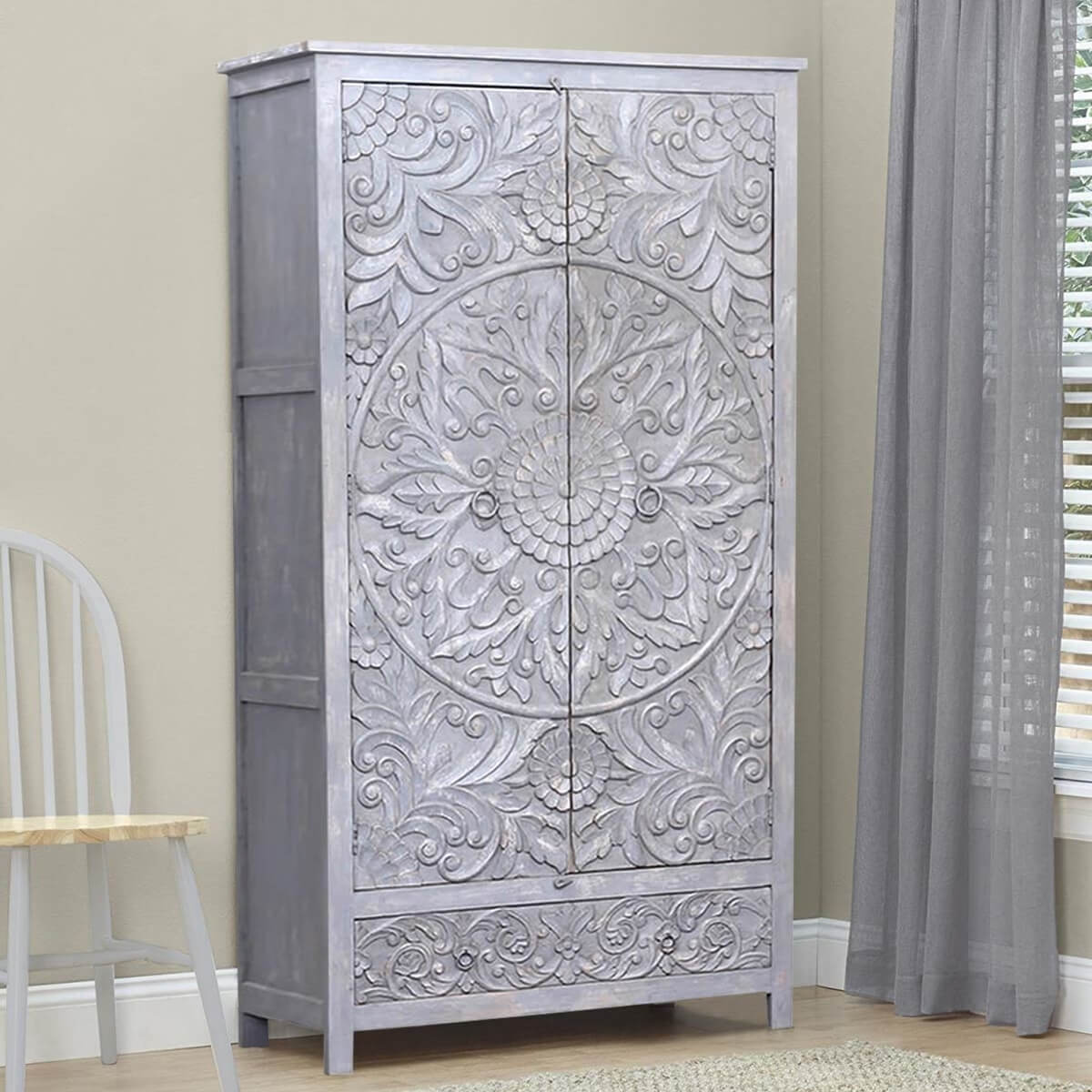 Tipton Hand Carved Solid Wood Rustic Grey Armoire