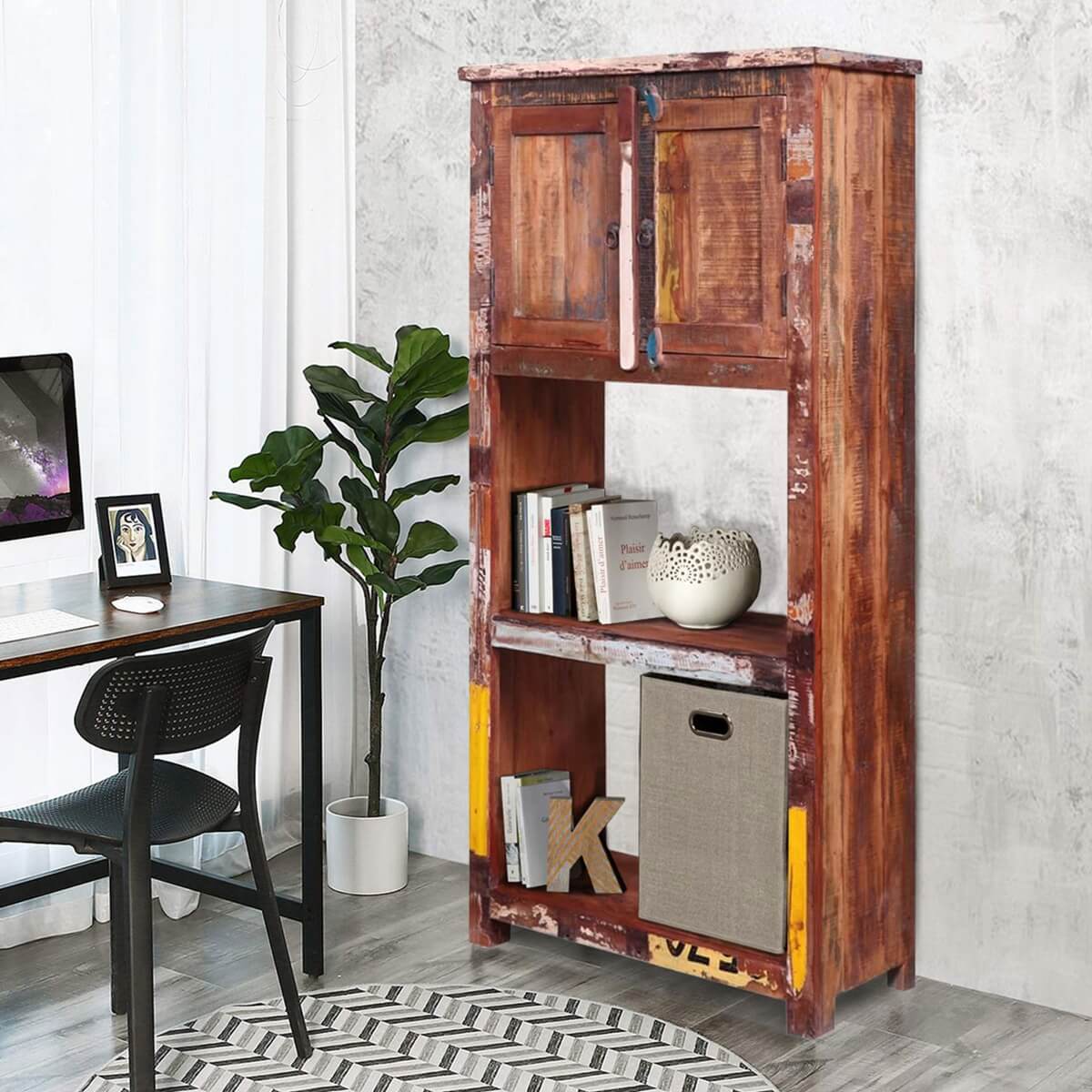 Hartford Reclaimed Wood Bookcase with File Cabinet on Top