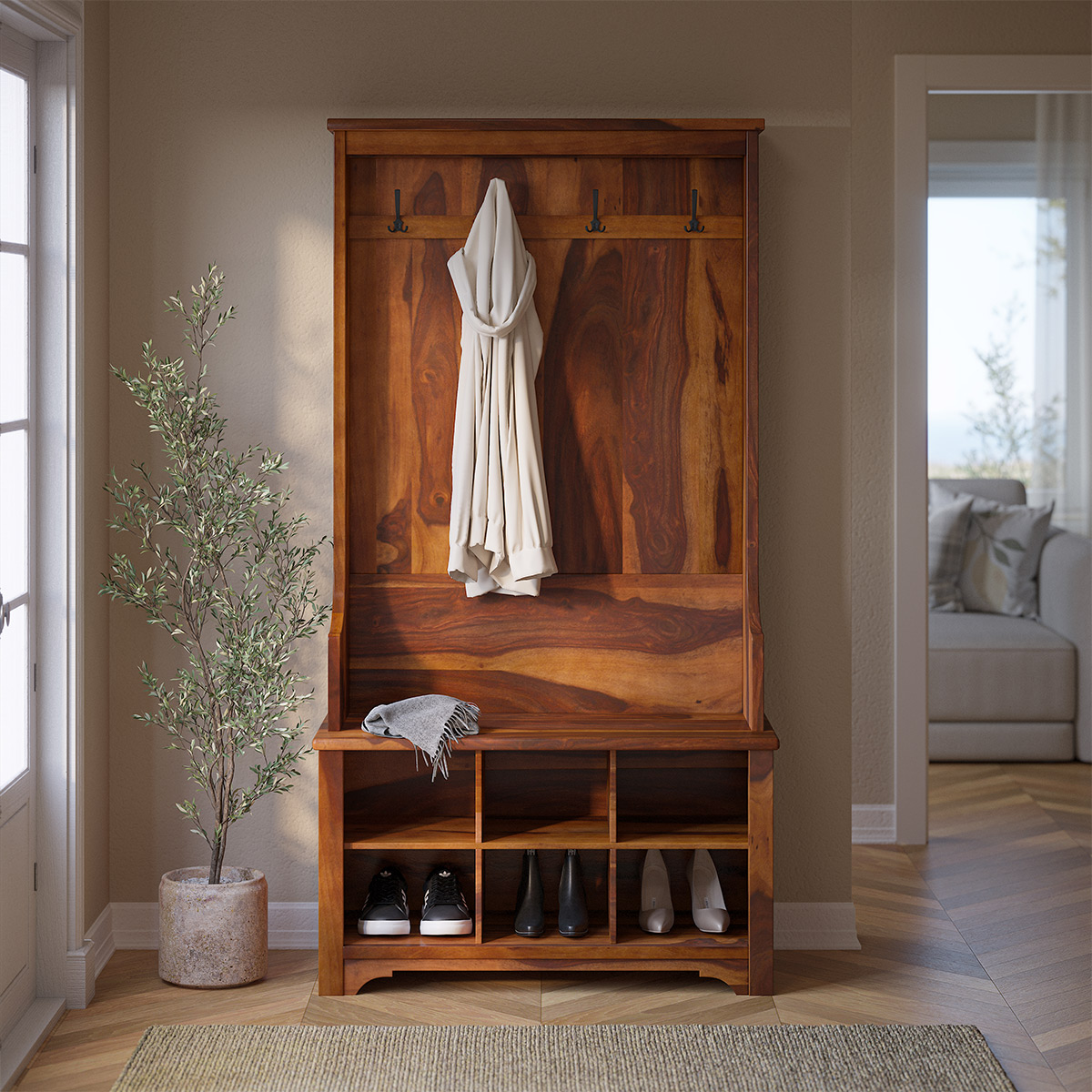 Cornish 38 inch Rustic Solid Wood Entryway Hall Tree with Shoe Storage