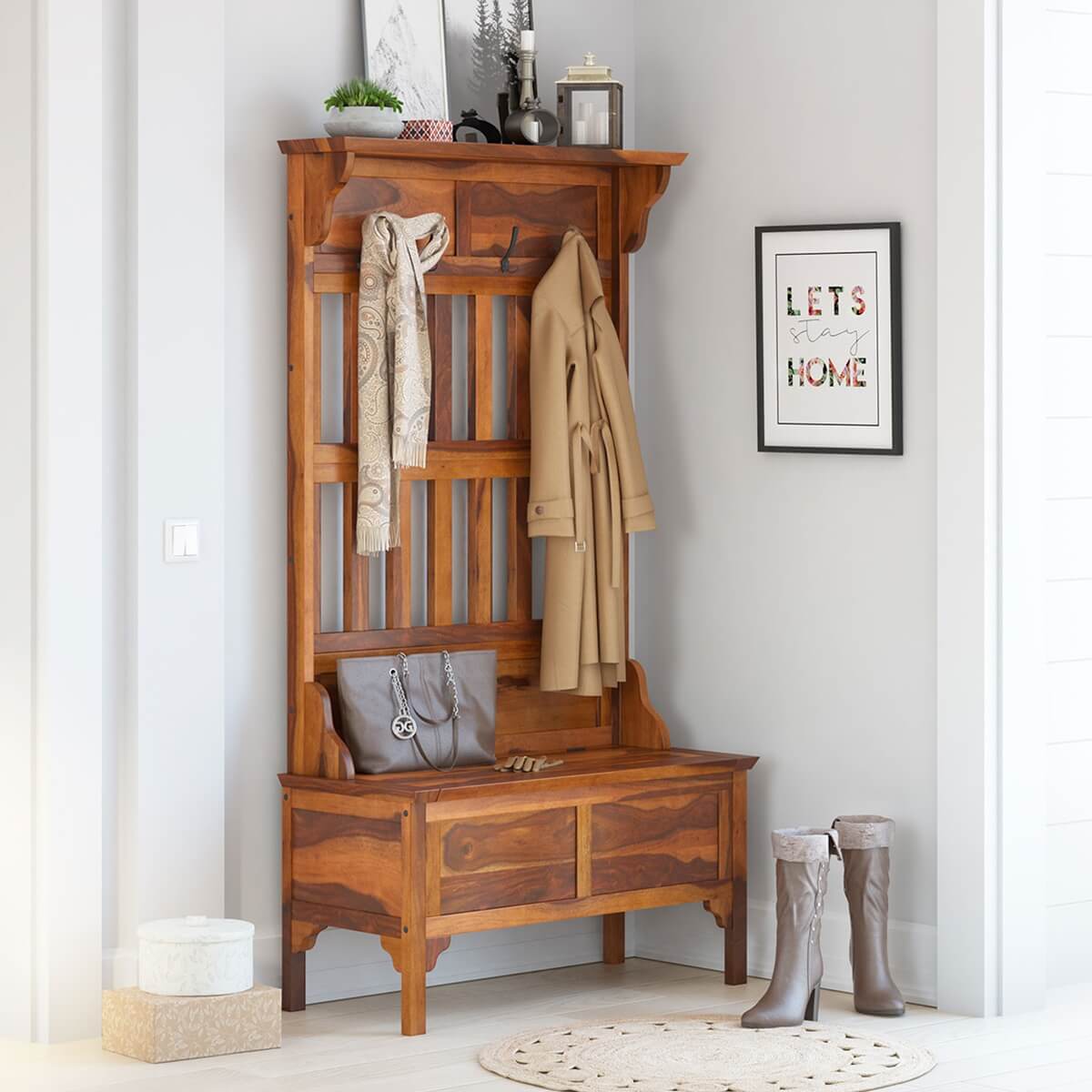Dedham 36 inch Handcrafted Rustic Solid Wood Entryway Hall Tree with Bench and Storage