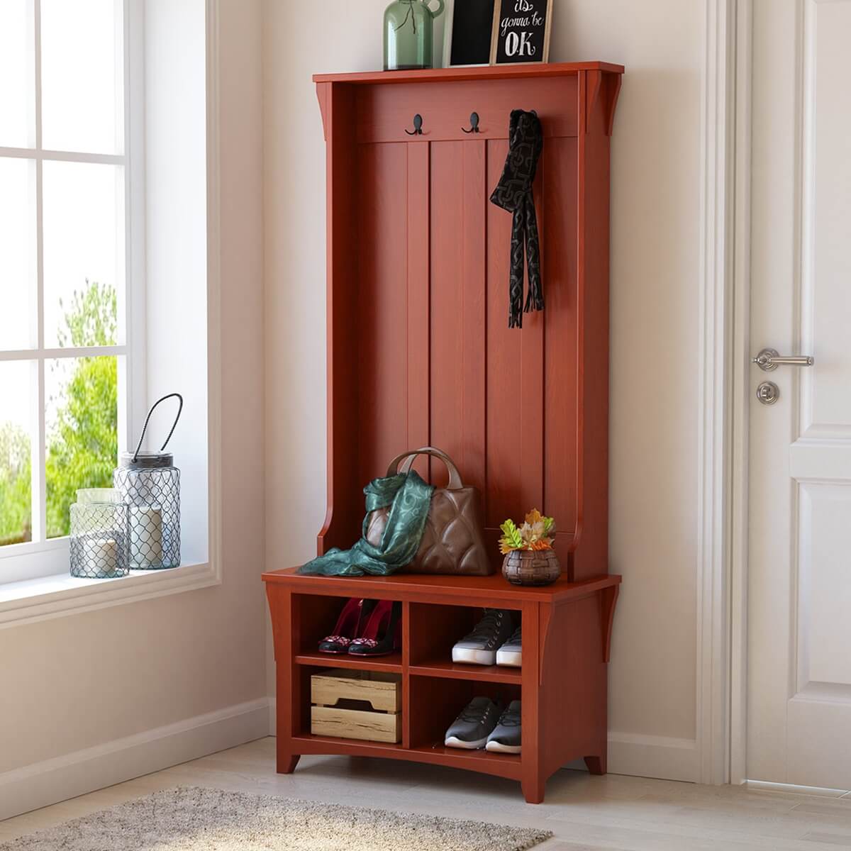 Wickliffe Solid Mahogany Wood 32 inch Entryway Hall Tree with Shoe Storage