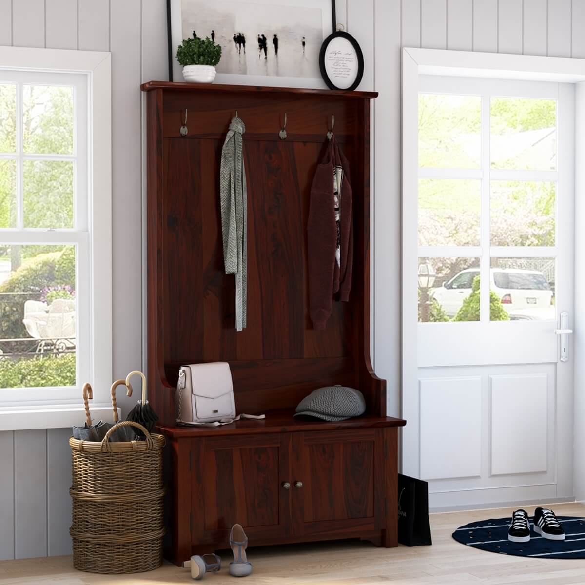 Ravenna 38 inch Rustic Solid Wood Entryway Hall Tree with Bench & Shoe Storage