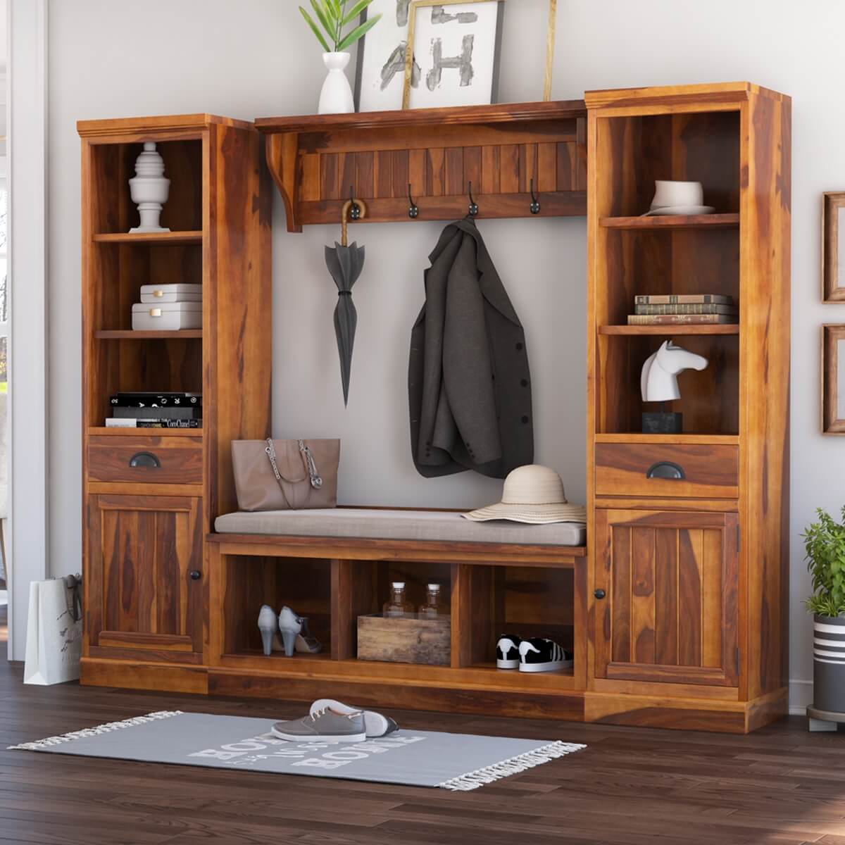 Peletier 88 inch Rustic Solid Wood 4 Piece Entryway Hall Tree Set with Storage Space