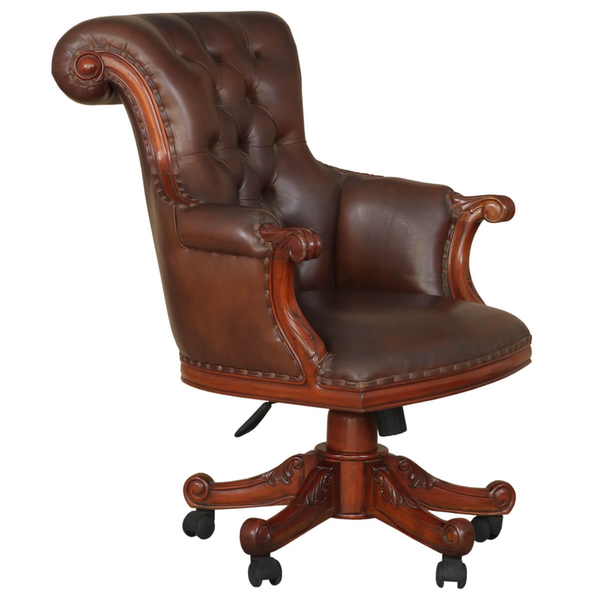 Flatiron Mahogany Wood Leather Tufted Rolling Executive Office Chair