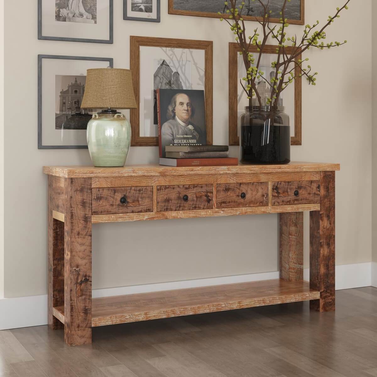 Britain Rustic Farmhouse Wood Console Table With Storage