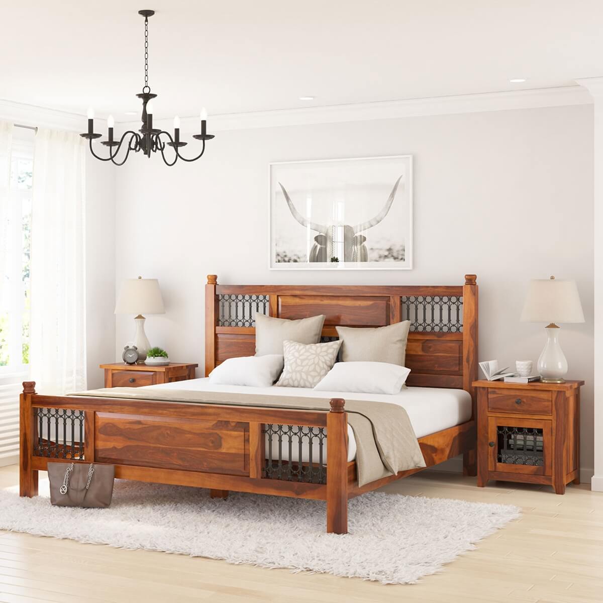 San Francisco Rustic Solid Wood and Iron Platform Bed Frame
