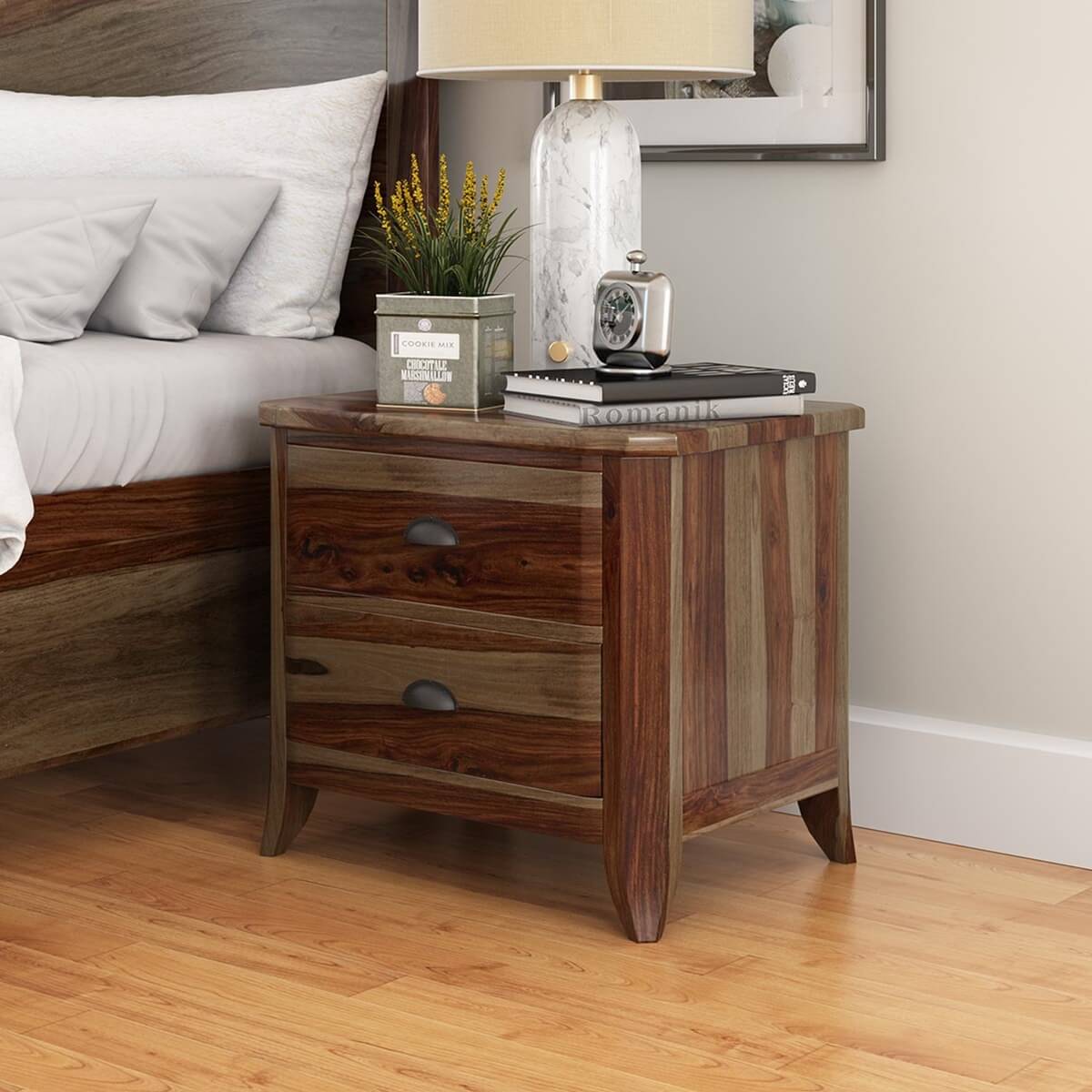 Thornton Rustic Solid Wood Nightstand With 2 Drawers