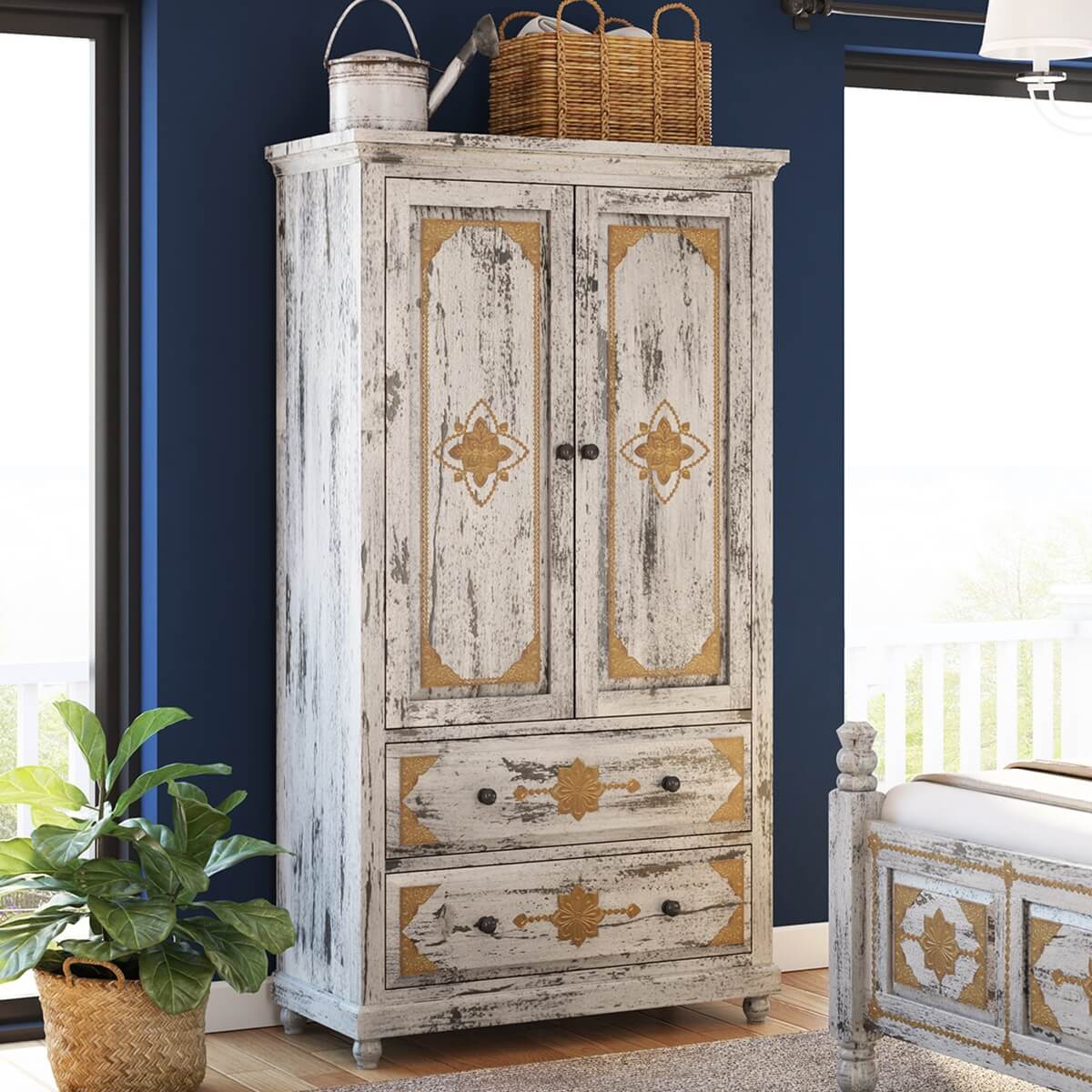 Tudor Brass Inlay Distressed Solid Mango Wood White Clothing Armoire