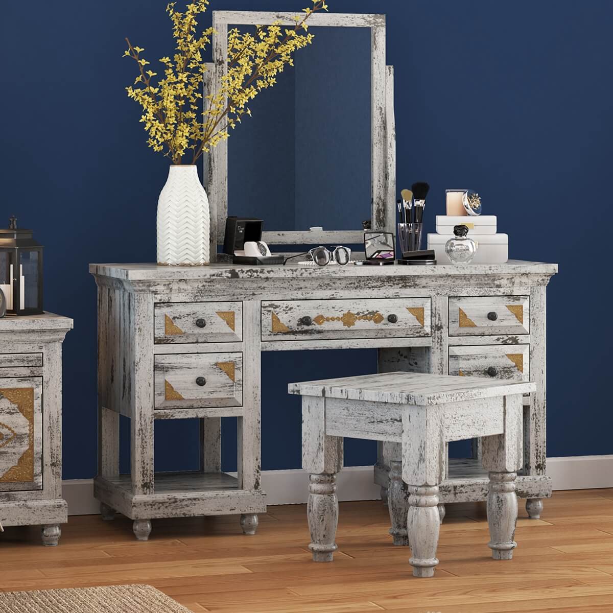 Tudor Brass Inlay And Distressed Mango Wood 3-Piece Vanity Table Set