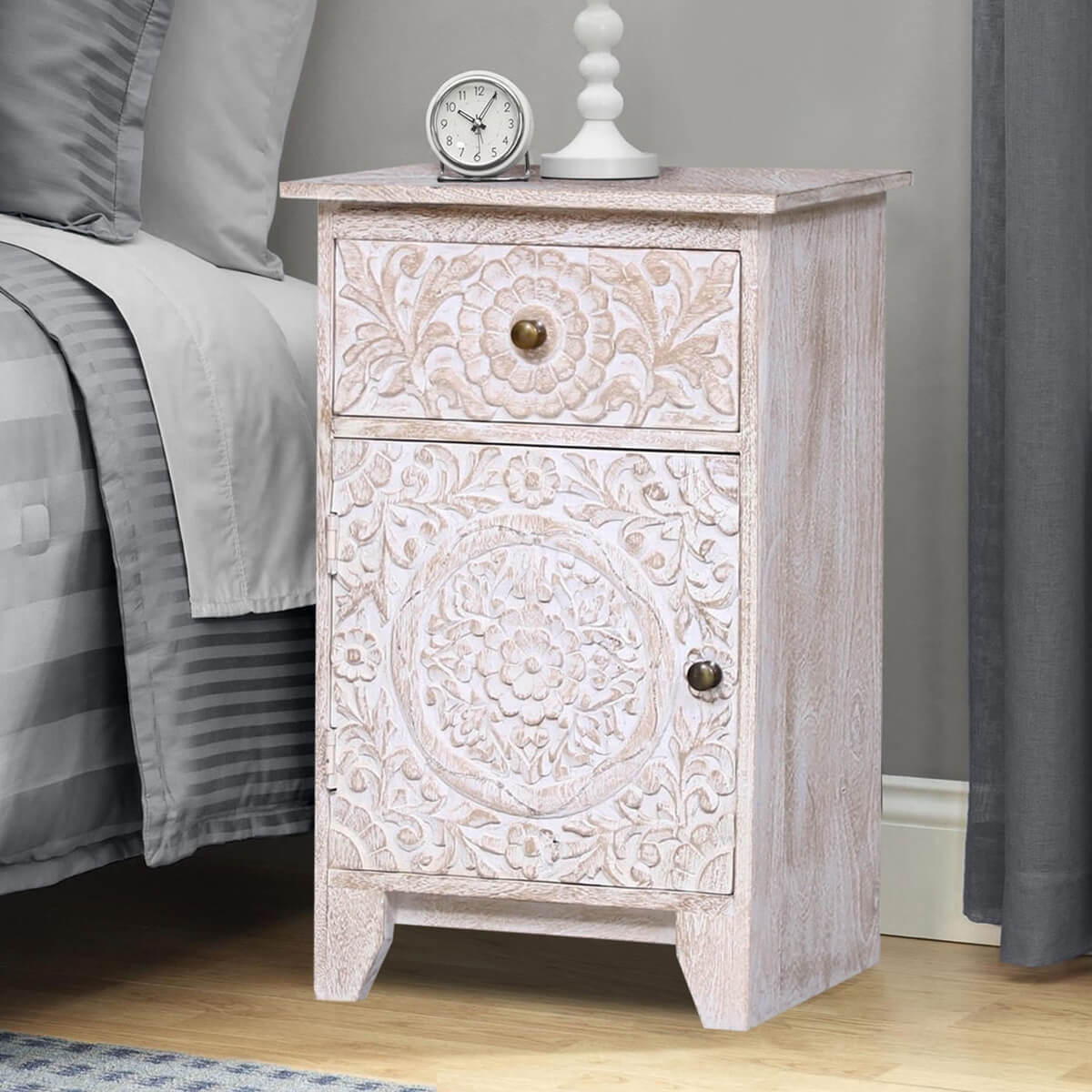 Juliano Handcarved Reclaimed Wood White Nightstand With Drawer