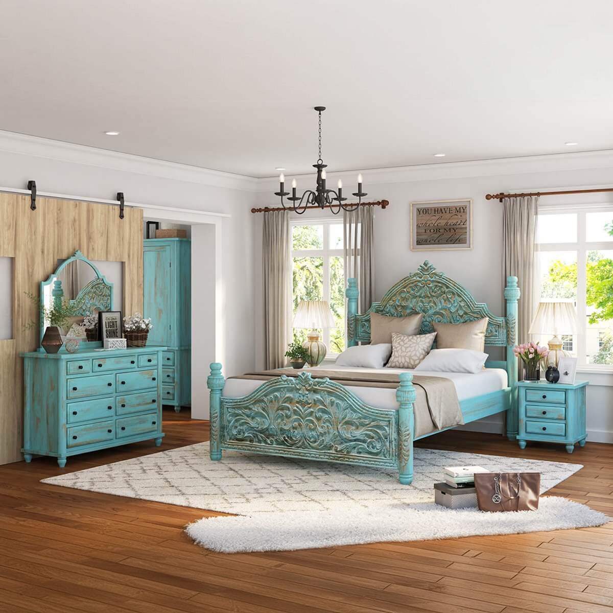 Victorian Turquoise 4 Piece Bedroom Set