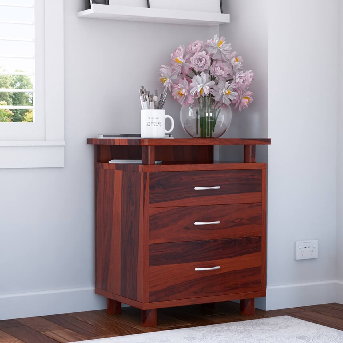 Picacho Solid Wood Cabinet With 3 Drawers And Open Shelf