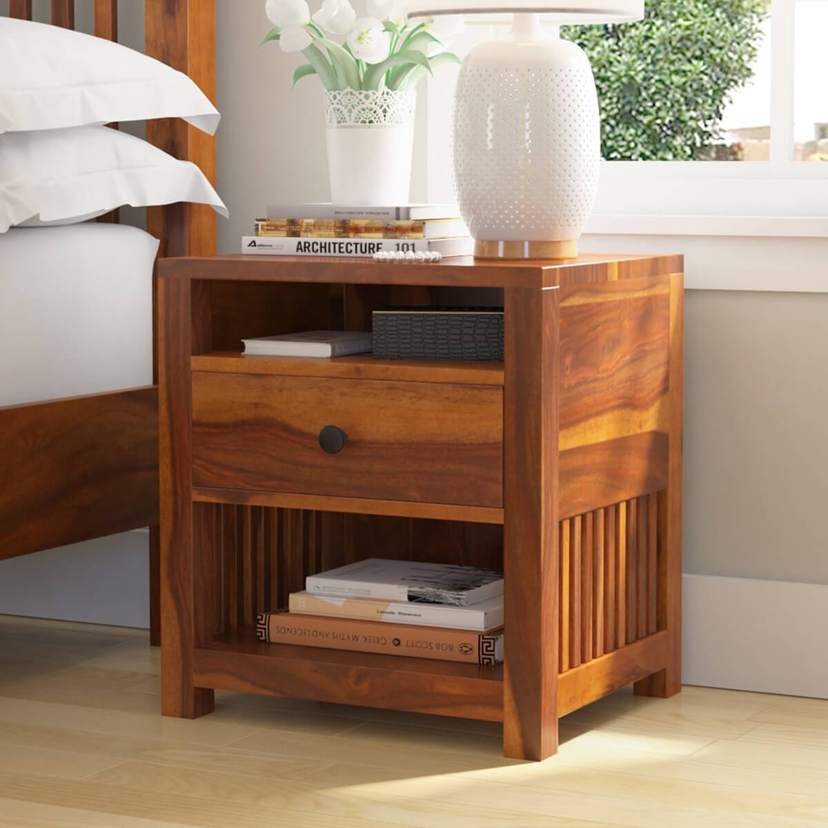 Kodiak Rustic Solid Wood Nightstand With Drawer And Open Shelves