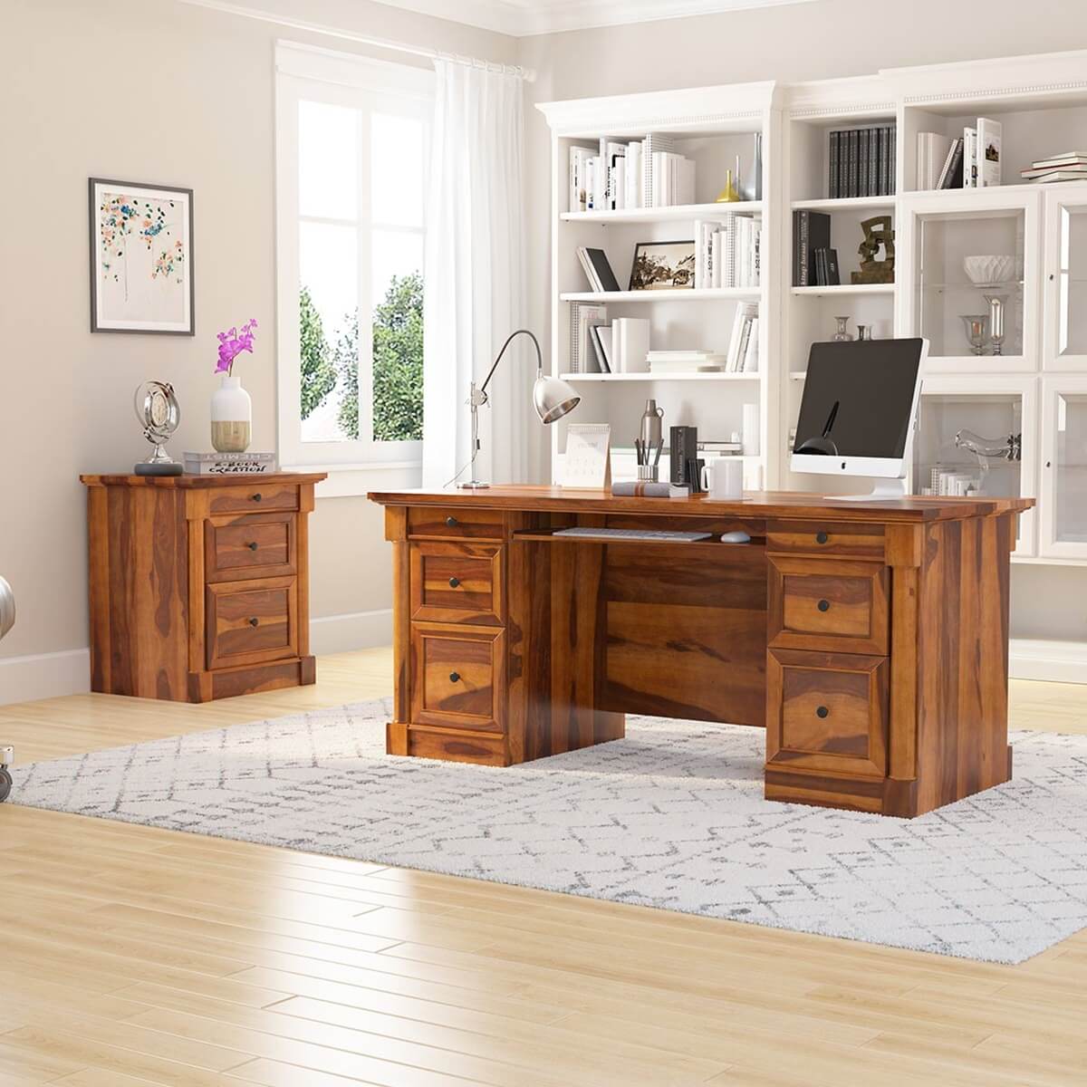 Ansonville Rustic Solid Wood Desk with File Cabinet Set