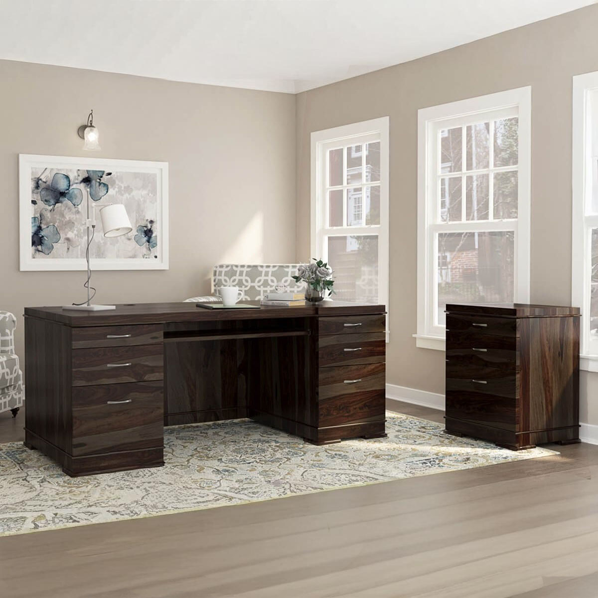 Blanford Modern Solid Wood Office Executive Desk with File Cabinet