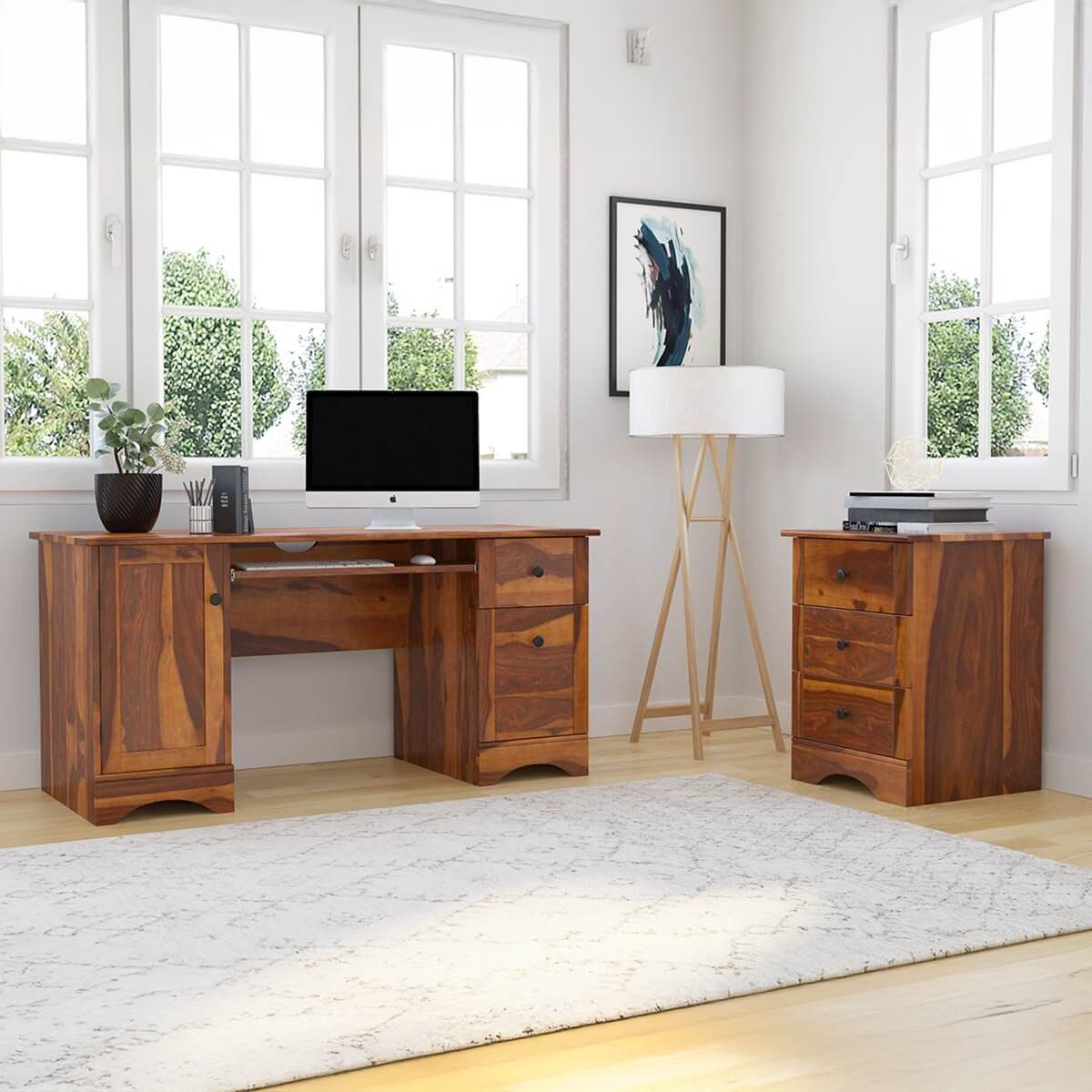 Gisela Solid Wood Computer Desk with File Cabinet