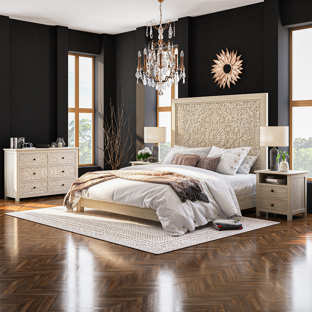 Calistoga Weathered White Solid Wood Moroccan 4 Piece Bedroom Set