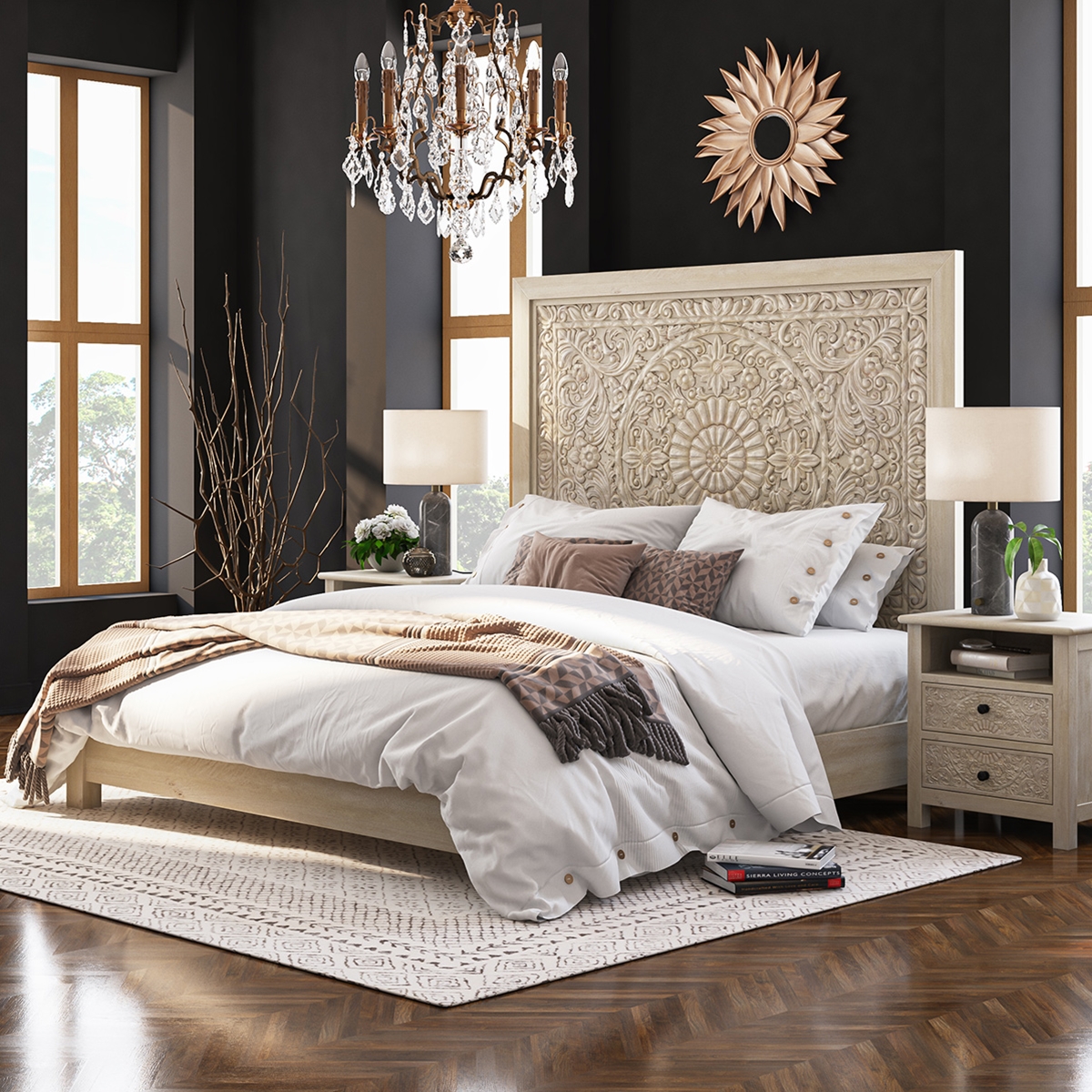 Calistoga Rustic Solid Wood Platform Moroccan Bed With Tall Headboard