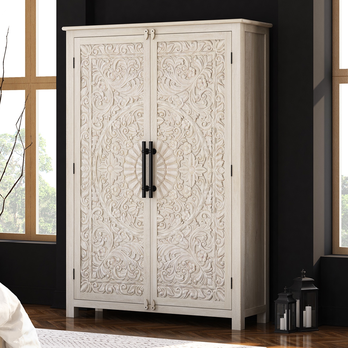 Calistoga Handcarved Weathered Solid Wood Large White Wardrobe Armoire
