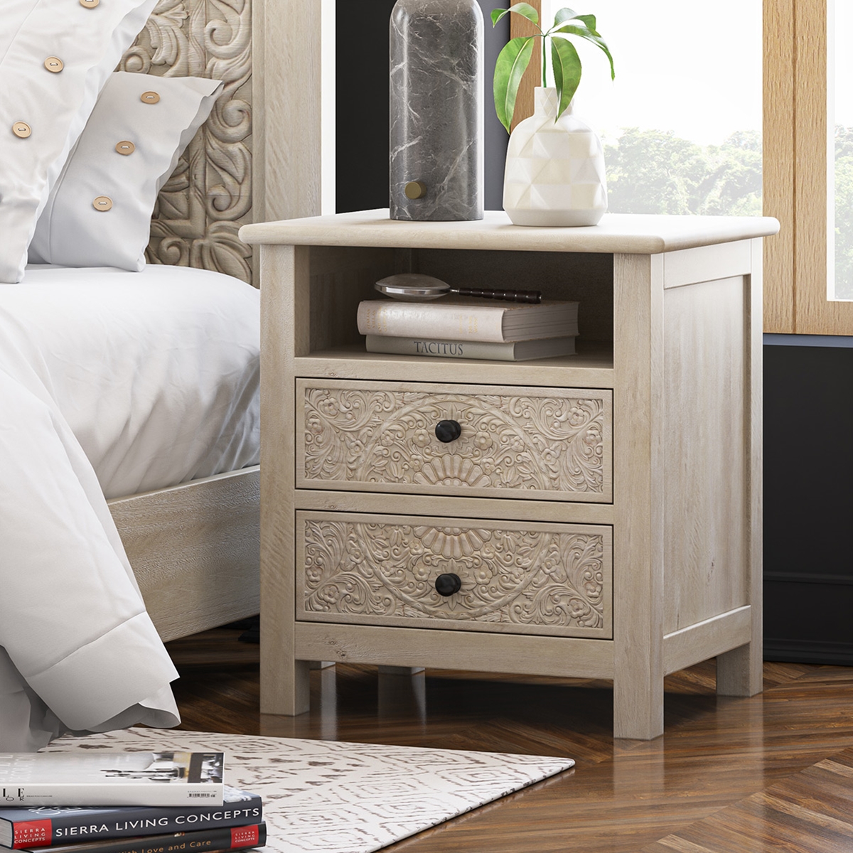 Calistoga Weathered Handcarved Solid Wood White Nightstand With Drawer