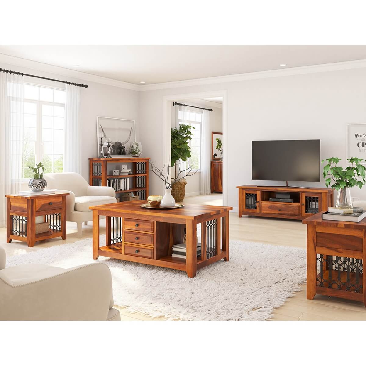 San Francisco Rustic Solid Wood & Iron Grill 5 Piece Living Room Set