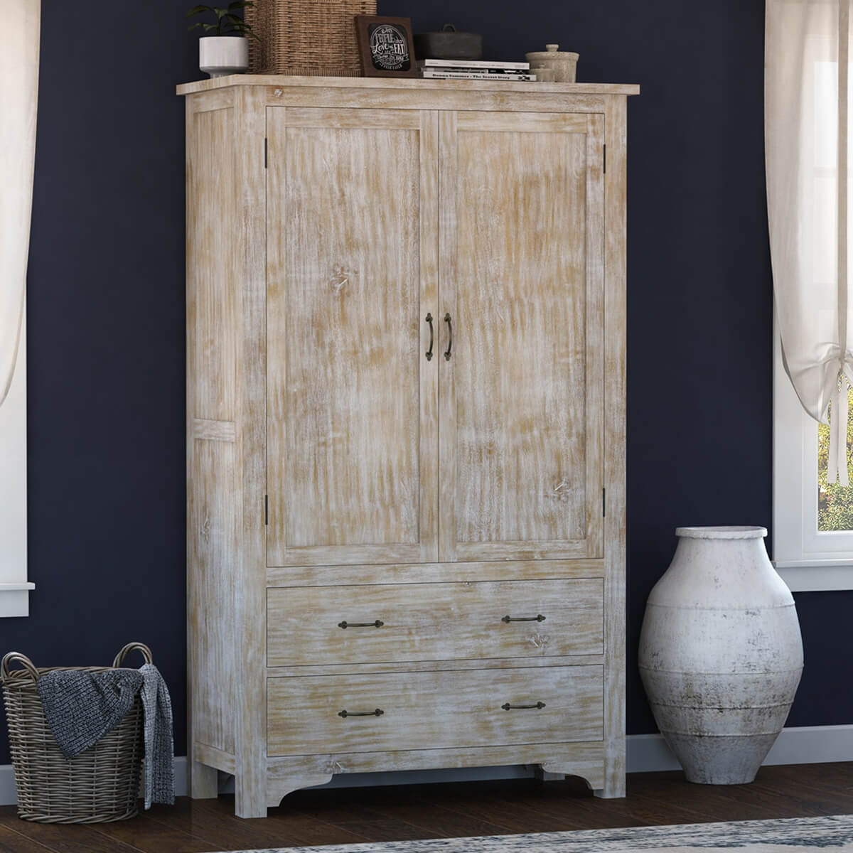 Savannah Country Distressed White Solid Wood Large 2 Drawer Wardrobe