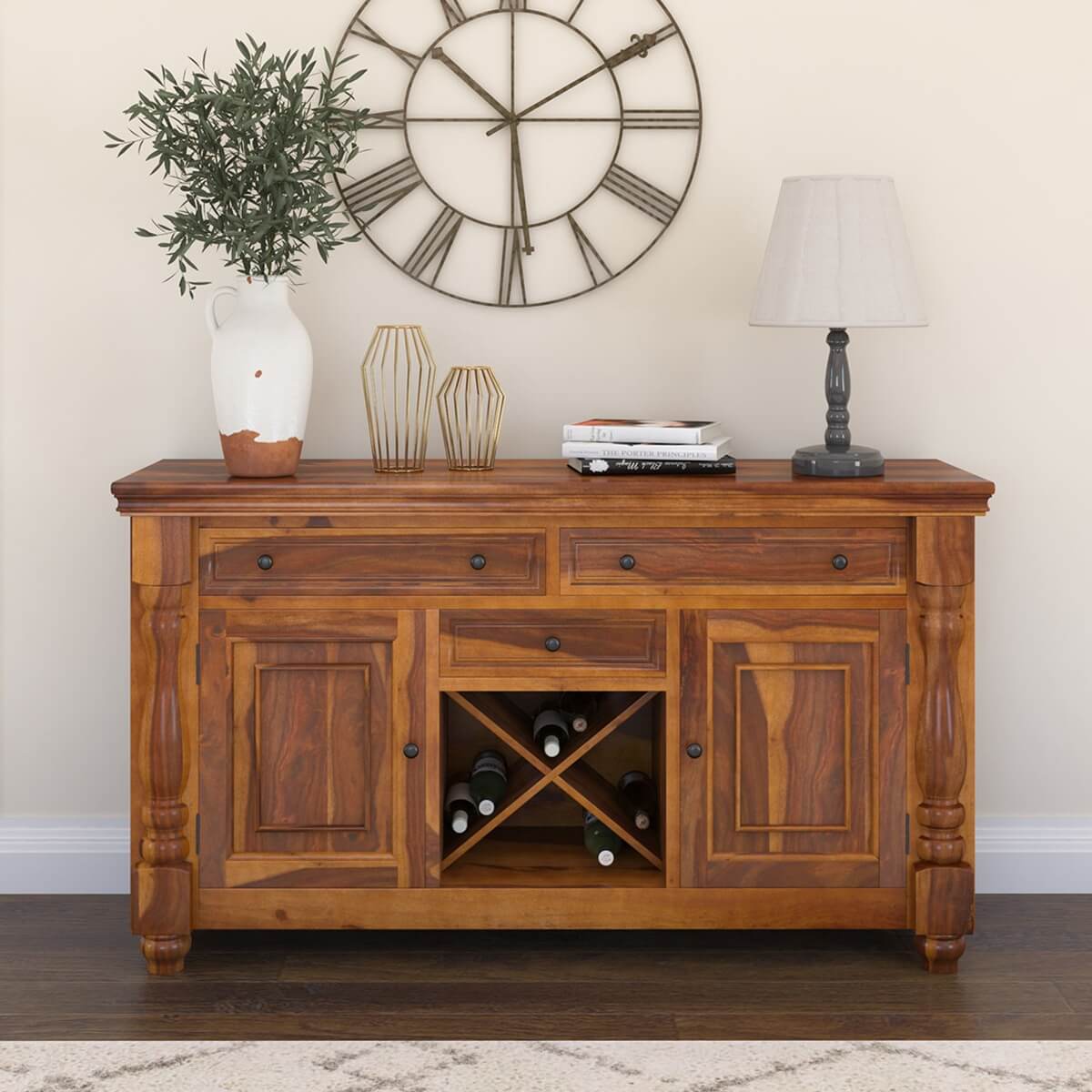 Oroville Rustic Solid Wood Large Bar Buffet Cabinet with Wine Rack