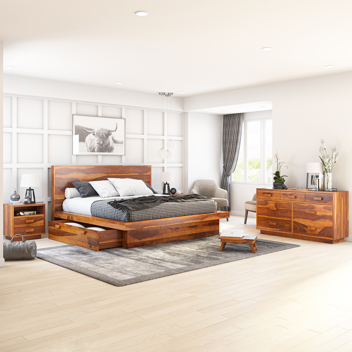 Brocton Modern Rustic Solid Wood 4 Piece Storage Bedroom Set