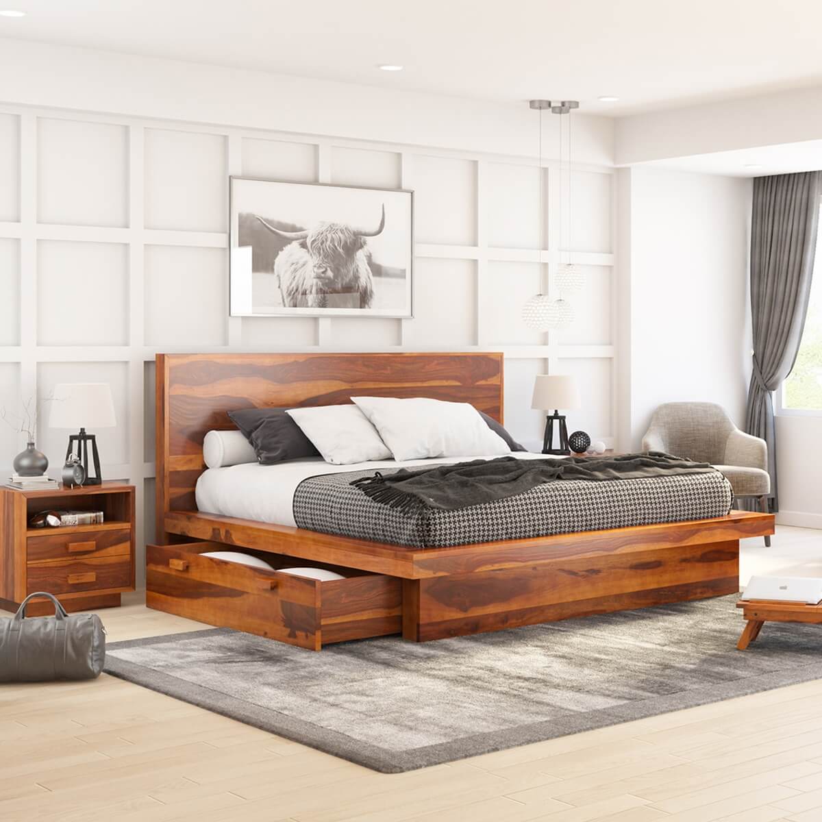 Brocton Modern Rustic Solid Wood Platform Bed with Storage Underneath